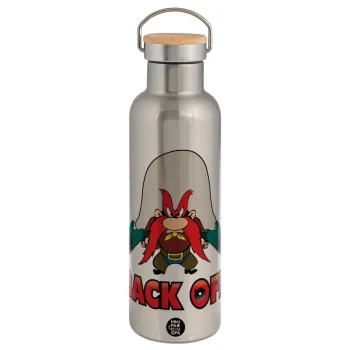 Yosemite Sam Back OFF, Stainless steel Silver with wooden lid (bamboo), double wall, 750ml