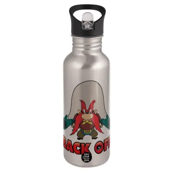 Yosemite Sam Back OFF, Water bottle Silver with straw, stainless steel 600ml