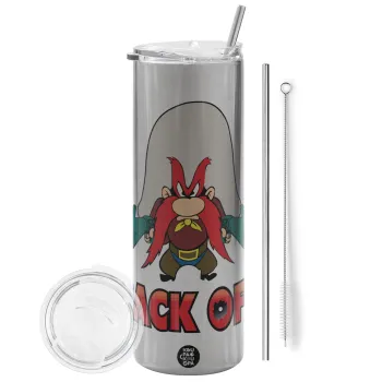 Yosemite Sam Back OFF, Tumbler stainless steel Silver 600ml, with metal straw & cleaning brush