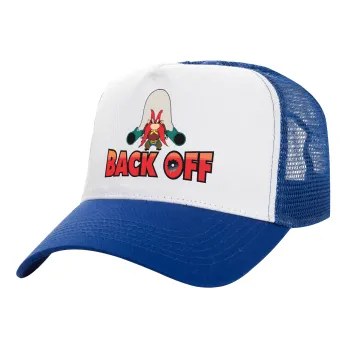 Yosemite Sam Back OFF, Adult Structured Trucker Hat, with Mesh, WHITE/BLUE (100% COTTON, ADULT, UNISEX, ONE SIZE)
