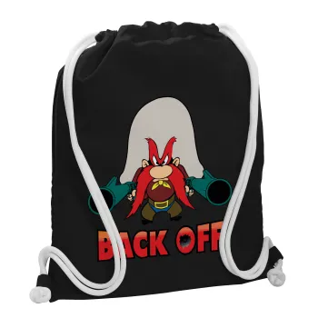 Yosemite Sam Back OFF, Τσάντα πλάτης πουγκί GYMBAG Μαύρη, με τσέπη (40x48cm) & χονδρά λευκά κορδόνια