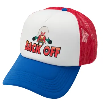 Yosemite Sam Back OFF, Adult Soft Trucker Hat with Red/Blue/White Mesh (POLYESTER, ADULT, UNISEX, ONE SIZE)