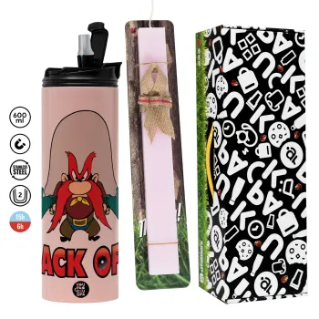 Yosemite Sam Back OFF, Πασχαλινή Λαμπάδα με  ΡΟΖ Travel Tumbler θερμό (600ml, BPA free) & κερί αρωματικό πλακέ (30cm) (ΡΟΖ)