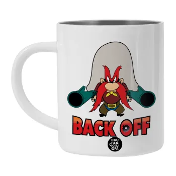 Yosemite Sam Back OFF, Λευκή Ανοξείδωτη Μεταλλική Κούπα 450ml - Διπλού Τοιχώματος 