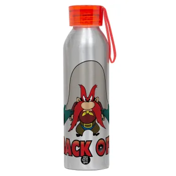 Yosemite Sam Back OFF, Αλουμινένιο Αθλητικό Μπουκάλι 650ml – Ασημί με Κόκκινο Καπάκι και Λουράκι Σιλικόνης