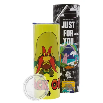 Yosemite Sam Back OFF, Neon Yellow Travel Tumbler θερμό, μεταλλικό καλαμάκι(Ανωξείδωτο 304 Food grade, BPA free, 600ml)