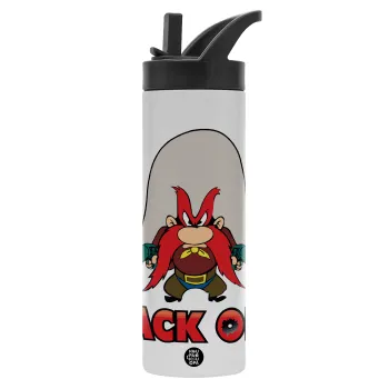Yosemite Sam Back OFF, Μεταλλικό παγούρι θερμός με καλαμάκι & χειρολαβή, ανοξείδωτο ατσάλι (Stainless steel 304), διπλού τοιχώματος, 600ml