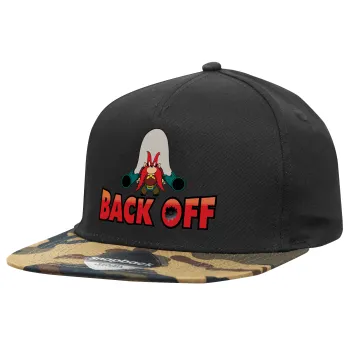 Yosemite Sam Back OFF, Adult Flat Snapback Hat Black/Camouflage, (100% COTTON TWILL, ADULT, UNISEX, ONE SIZE)