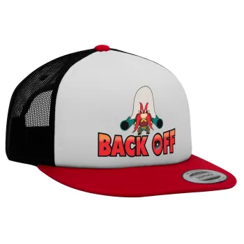 Yosemite Sam Back OFF, Καπέλο Ενηλίκων Foam Flat Snapback με Δίχτυ Κόκκινο-Λευκό-Μαύρο (POLYESTER, ΕΝΗΛΙΚΩΝ, UNISEX, ONE SIZE)