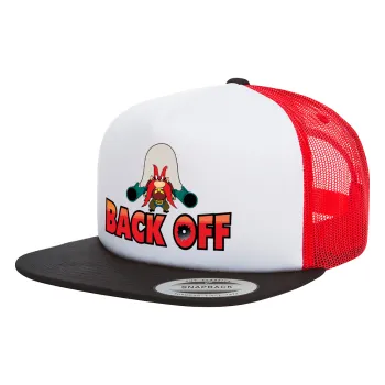 Yosemite Sam Back OFF, Adult Foam Flat Snapback with Mesh Black-White-Red (POLYESTER, ADULT, UNISEX, ONE SIZE)