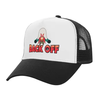 Yosemite Sam Back OFF, Adult Structured Trucker Hat, with Mesh, WHITE/BLACK (100% COTTON, ADULT, UNISEX, ONE SIZE)