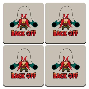 Yosemite Sam Back OFF, ΣΕΤ 4 Σουβέρ ξύλινα τετράγωνα (9cm)