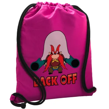 Yosemite Sam Back OFF, Τσάντα πλάτης πουγκί GYMBAG Φούξια, με τσέπη (40x48cm) & χονδρά κορδόνια
