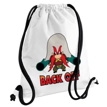 Yosemite Sam Back OFF, Τσάντα πλάτης πουγκί GYMBAG λευκή, με τσέπη (40x48cm) & χονδρά κορδόνια
