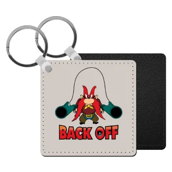 Yosemite Sam Back OFF, Μπρελόκ Δερματίνη, τετράγωνο ΜΑΥΡΟ (5x5cm)