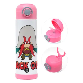 Yosemite Sam Back OFF, Children's hot water bottle, stainless steel, with safety straw, PINK (500ml)