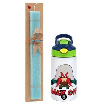 Yosemite Sam Back OFF, Easter Set, Children's thermal stainless steel bottle with safety straw, green/blue (350ml) & aromatic flat Easter candle (30cm) (TURQUOISE)