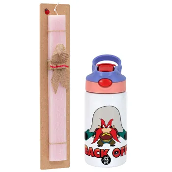 Yosemite Sam Back OFF, Easter Set, Children's thermal stainless steel water bottle with safety straw, pink/purple (350ml) & Easter scented flat candle (30cm) (PINK)