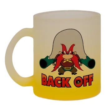 Yosemite Sam Back OFF, Κούπα γυάλινη δίχρωμη με βάση το κίτρινο ματ, 330ml
