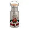 Stainless steel metallic thermos flask, silver with a bamboo lid, double-walled, 350ml.