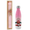 Easter Set, Metallic pink/white (Stainless steel) thermos, double-walled, 500ml & aromatic flat Easter candle (30cm) (PINK)