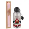 Easter Set, metallic Silver aluminum water bottle (500ml) & scented flat Easter candle (30cm) (PINK)