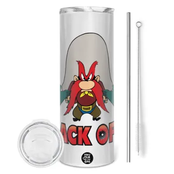 Yosemite Sam Back OFF, Tumbler ποτήρι θερμό από ανοξείδωτο ατσάλι 600ml, με μεταλλικό καλαμάκι & βούρτσα καθαρισμού