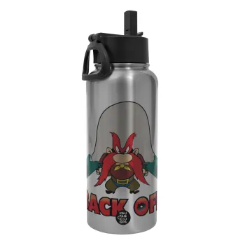 Yosemite Sam Back OFF, Metal mug thermo Silver with Straw and Spout Lid (Stainless steel), double wall, 950ml