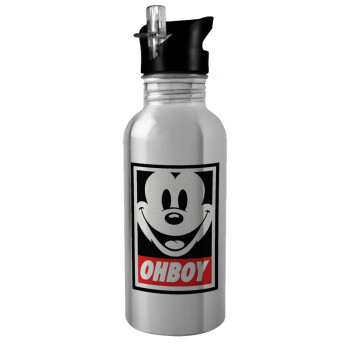Oh boy μίκυ, Water bottle Silver with straw, stainless steel 600ml