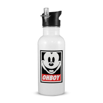 Oh boy μίκυ, White water bottle with straw, stainless steel 600ml