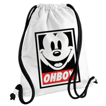 Oh boy μίκυ, Τσάντα πλάτης πουγκί GYMBAG λευκή, με τσέπη (40x48cm) & χονδρά κορδόνια