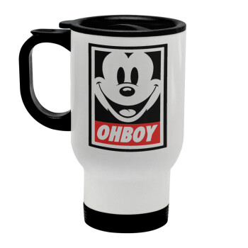 Oh boy μίκυ, Stainless steel travel mug with lid, double wall white 450ml