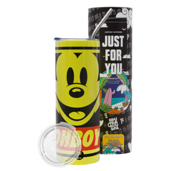 Oh boy μίκυ, Neon Yellow Travel Tumbler θερμό, μεταλλικό καλαμάκι(Ανωξείδωτο 304 Food grade, BPA free, 600ml)