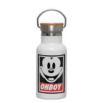 Oh boy μίκυ, Metallic thermos (Stainless steel) White with wooden lid (bamboo), double-walled, 350ml