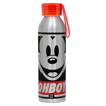 Oh boy μίκυ, Αλουμινένιο Αθλητικό Μπουκάλι 650ml – Ασημί με Κόκκινο Καπάκι και Λουράκι Σιλικόνης