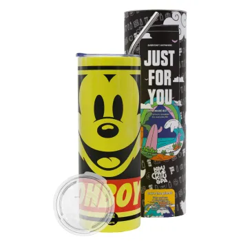 Oh boy μίκυ, Neon Yellow Travel Tumbler θερμό, μεταλλικό καλαμάκι(Ανωξείδωτο 304 Food grade, BPA free, 600ml)