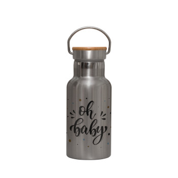 Oh baby, Stainless steel metallic thermos flask, silver with a bamboo lid, double-walled, 350ml.