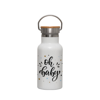 Oh baby, Metallic thermos (Stainless steel) White with wooden lid (bamboo), double-walled, 350ml