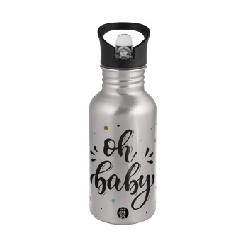Oh baby, Water bottle Silver with straw, stainless steel 500ml
