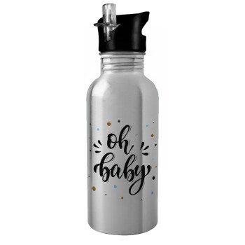 Oh baby, Water bottle Silver with straw, stainless steel 600ml