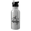 Water bottle Silver with straw, stainless steel 600ml