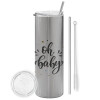 Tumbler stainless steel Silver 600ml, with metal straw & cleaning brush