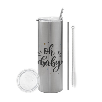 Oh baby, Eco friendly stainless steel Silver tumbler 600ml, with metal straw & cleaning brush