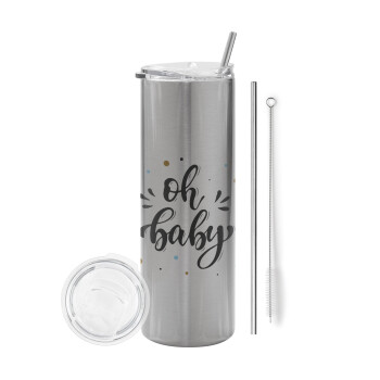 Oh baby, Tumbler stainless steel Silver 600ml, with metal straw & cleaning brush