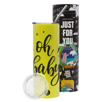 Oh baby, Neon Yellow Travel Tumbler θερμό, μεταλλικό καλαμάκι(Ανωξείδωτο 304 Food grade, BPA free, 600ml)