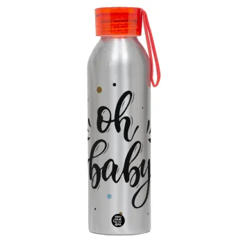 Oh baby, Αλουμινένιο Αθλητικό Μπουκάλι 650ml – Ασημί με Κόκκινο Καπάκι και Λουράκι Σιλικόνης