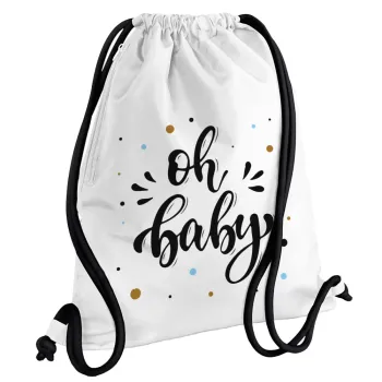 Oh baby, Τσάντα πλάτης πουγκί GYMBAG λευκή, με τσέπη (40x48cm) & χονδρά κορδόνια