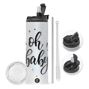 Oh baby, Travel Tumbler θερμό με διπλό καπάκι, μεταλλικό καλαμάκι και βούρτσα καθαρισμού (Ανωξείδωτο 304 Food grade, BPA free, 600ml)