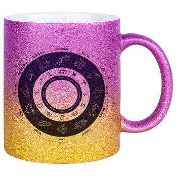 Ζωδιακός κύκλος, Κούπα Χρυσή/Ροζ Glitter, κεραμική, 330ml