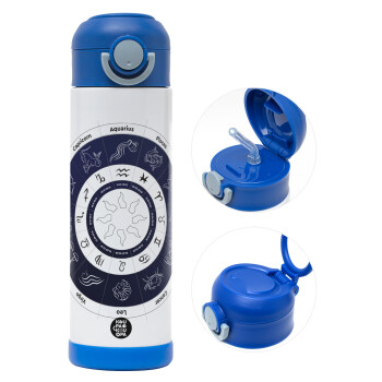 Ζωδιακός κύκλος, Children's hot water bottle, stainless steel, with safety straw, BLUE (500ml)